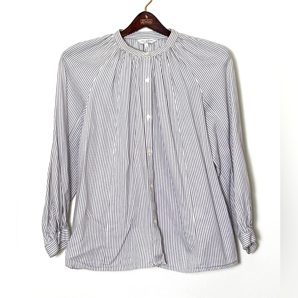 Lucky Brand Band‎ Collar Button Front Pinstripe Blouse Gray White Small Business
